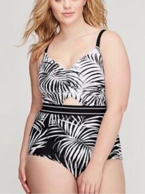 NWT Cacique Swim Palm Print Cutout One Piece Swimsuit No Wire Bra 20 Black White
